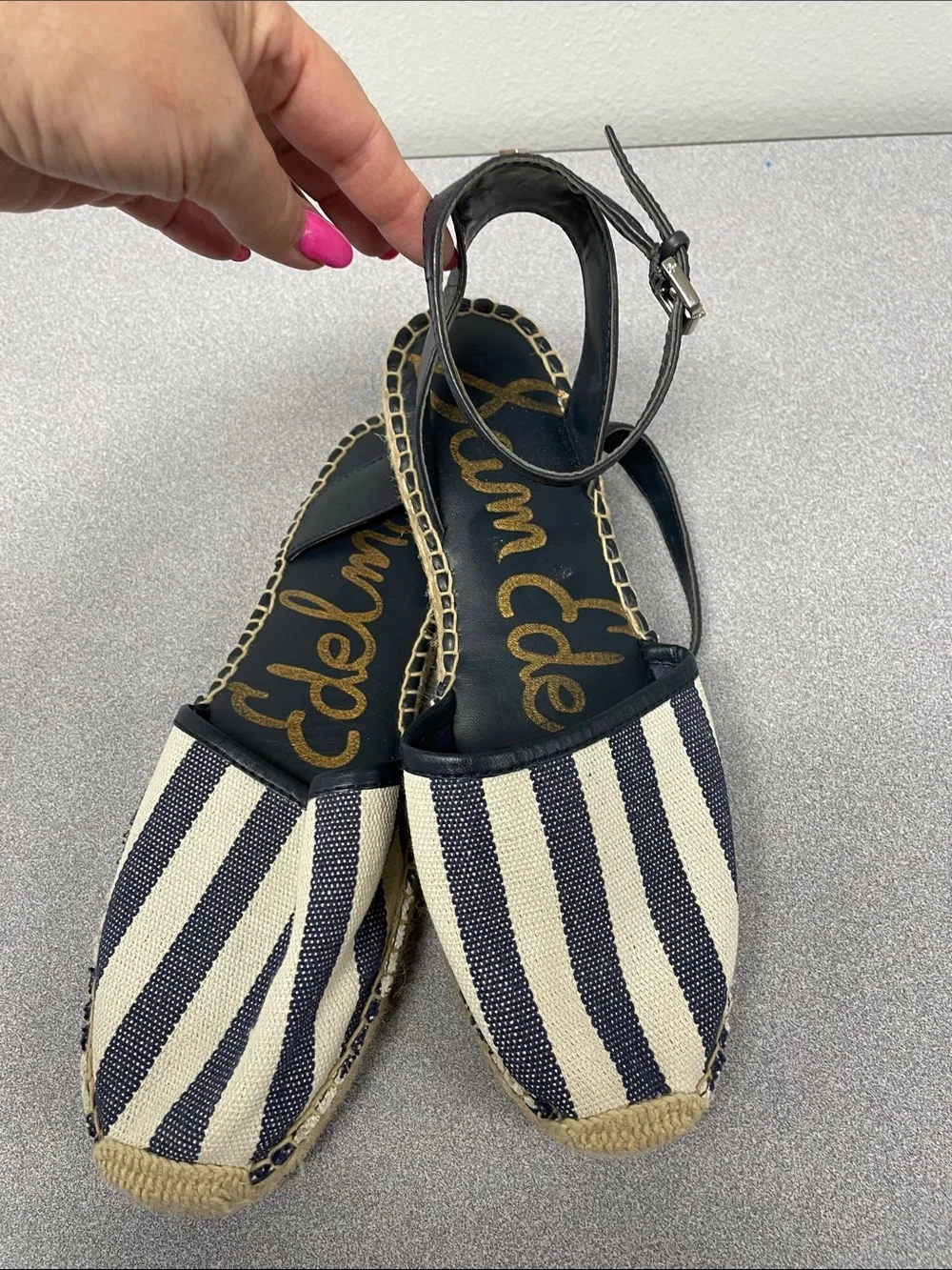 Sam Edelman Navy & White Striped Espadrille Sandals with Ankle Strap 7.5